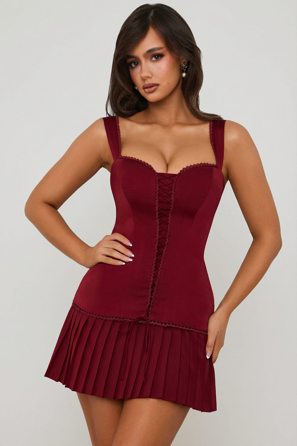 Chic Bow-Detail Lace-Up Corset Mini Dress in Berry Red