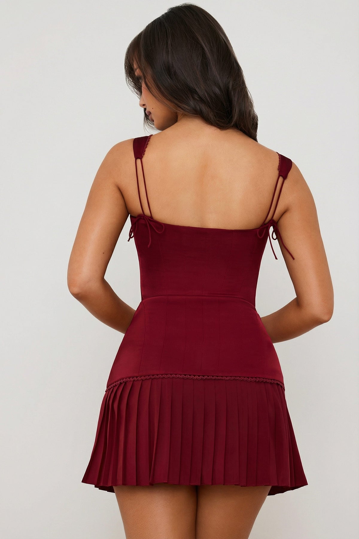 Chic Bow-Detail Lace-Up Corset Mini Dress in Berry Red