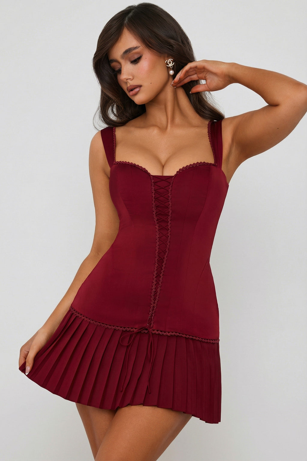 Chic Bow-Detail Lace-Up Corset Mini Dress in Berry Red