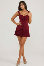 Chic Bow-Detail Lace-Up Corset Mini Dress in Berry Red