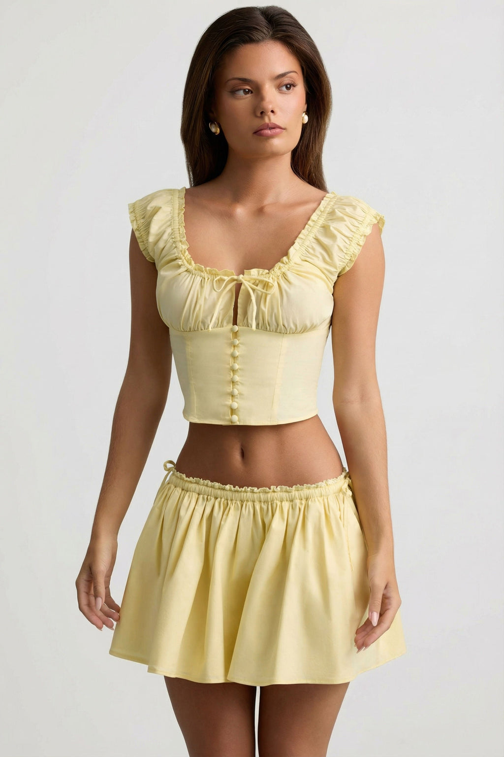 Chic Ruched Cotton-Poplin Mini Skirt in Lemon Yellow