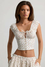 Chic Ruched Cotton-Poplin Corset Top in Rose Print