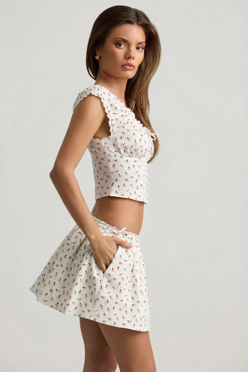 Chic Ruched Cotton-Poplin Corset Top in Rose Print