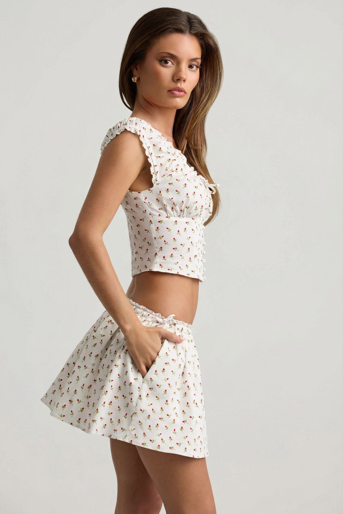 Chic Ruched Cotton-Poplin Corset Top in Rose Print