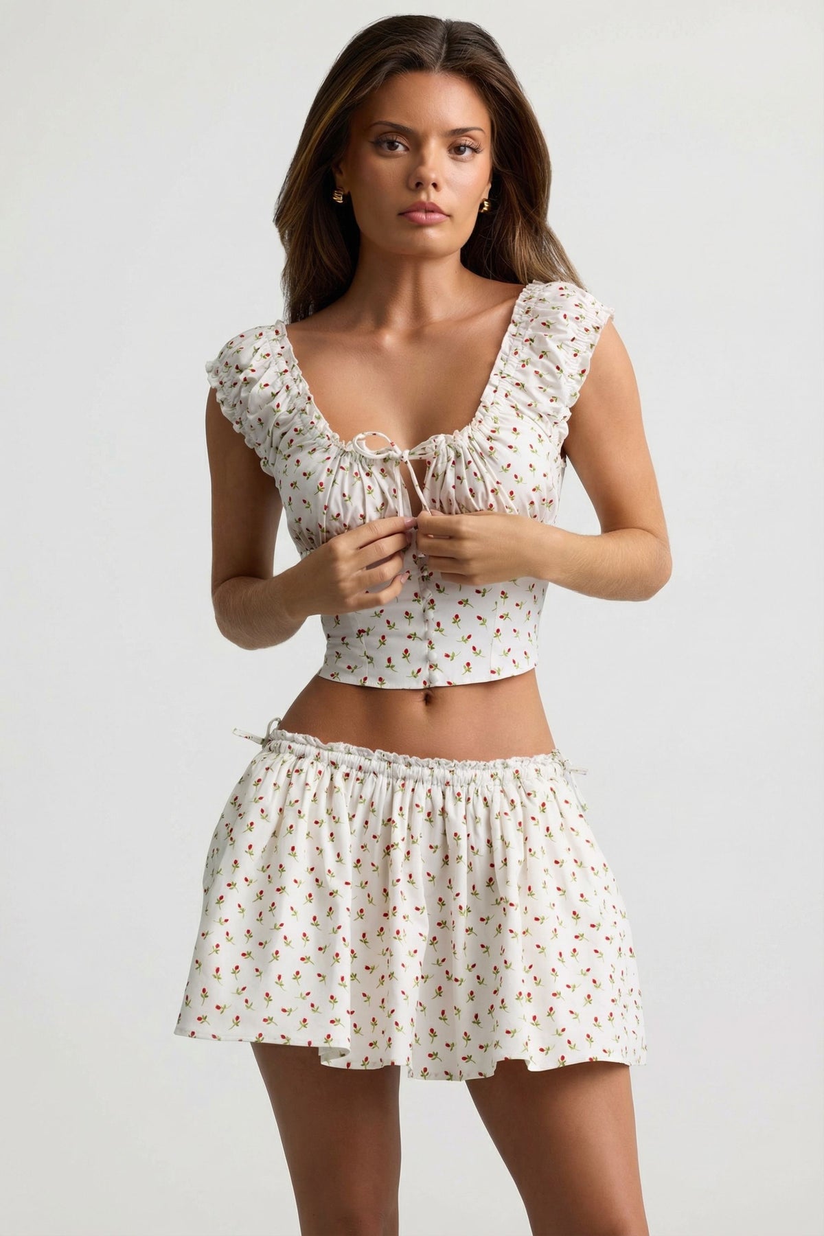 Chic Ruched Cotton-Poplin Corset Top in Rose Print