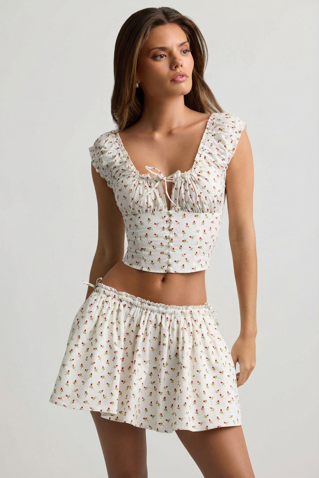 Chic Ruched Cotton-Poplin Corset Top in Rose Print