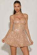 Chic Embellished Halterneck Bubble Hem Mini Dress in Almond