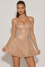 Chic Embellished Halterneck Bubble Hem Mini Dress in Almond