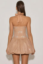 Chic Embellished Halterneck Bubble Hem Mini Dress in Almond