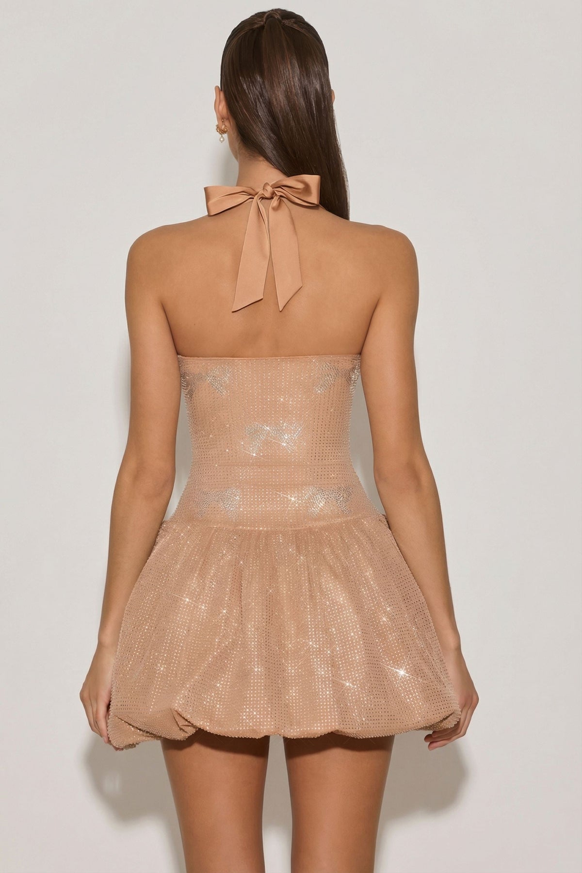 Chic Embellished Halterneck Bubble Hem Mini Dress in Almond