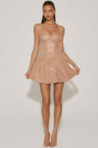 Chic Embellished Halterneck Bubble Hem Mini Dress in Almond