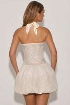 Chic Embellished Halterneck Bubble Hem Mini Dress in Ivory