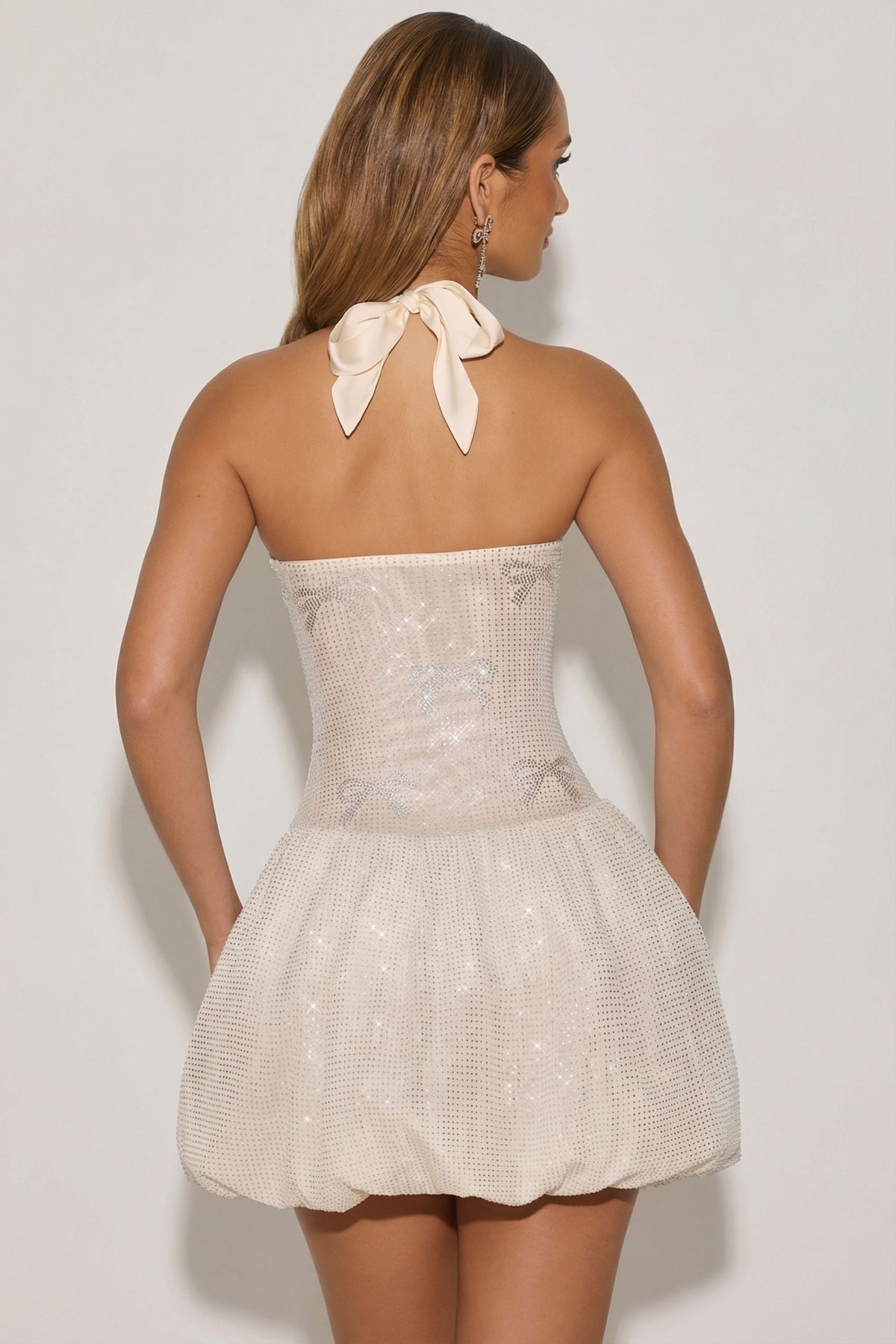 Chic Embellished Halterneck Bubble Hem Mini Dress in Ivory