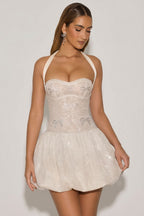 Chic Embellished Halterneck Bubble Hem Mini Dress in Ivory