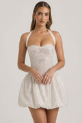 Chic Embellished Halterneck Bubble Hem Mini Dress in Ivory