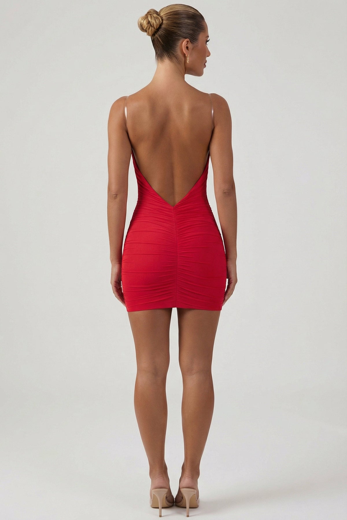 Chic Ruched Backless Bodycon Mini Dress in Red