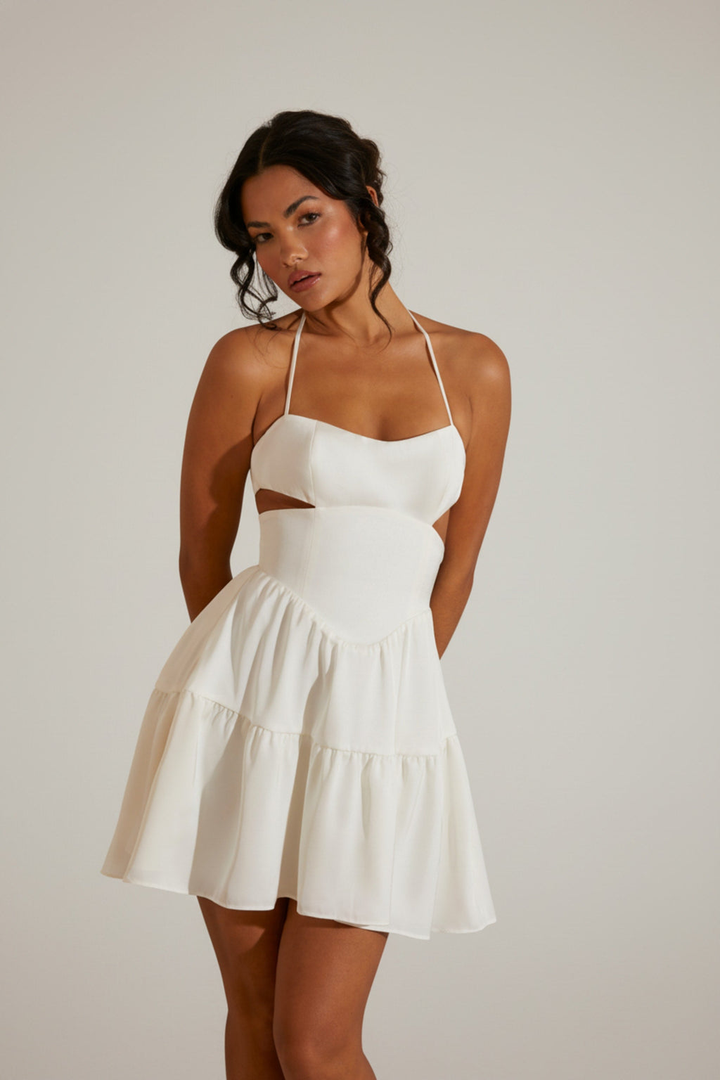 Chic Halter Neck Cut Out Mini Dress in White