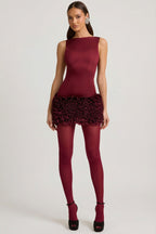 Chic Satin Floral Appliqué Open-Back Mini Dress in Wine Red