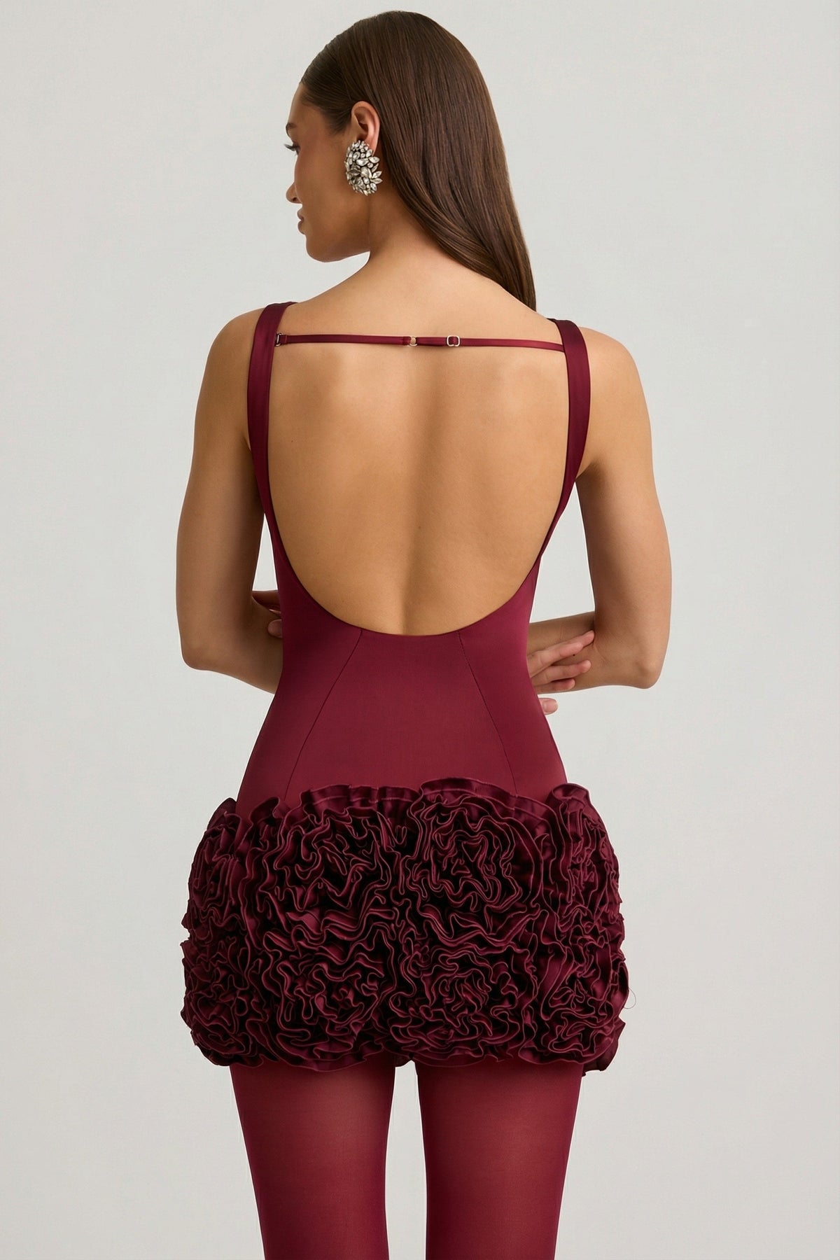Chic Satin Floral Appliqué Open-Back Mini Dress in Wine Red