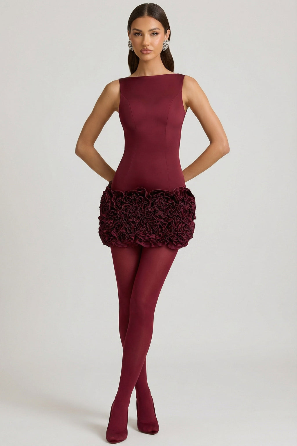 Chic Satin Floral Appliqué Open-Back Mini Dress in Wine Red