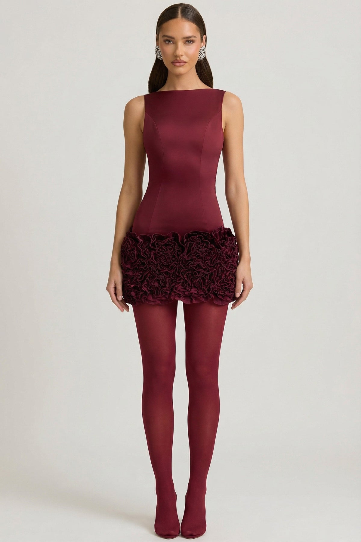 Chic Satin Floral Appliqué Open-Back Mini Dress in Wine Red
