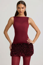 Chic Satin Floral Appliqué Open-Back Mini Dress in Wine Red