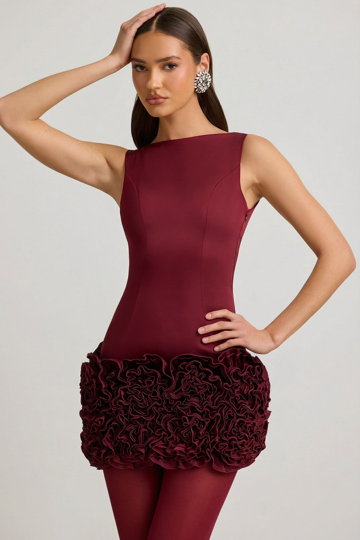 Chic Satin Floral Appliqué Open-Back Mini Dress in Wine Red