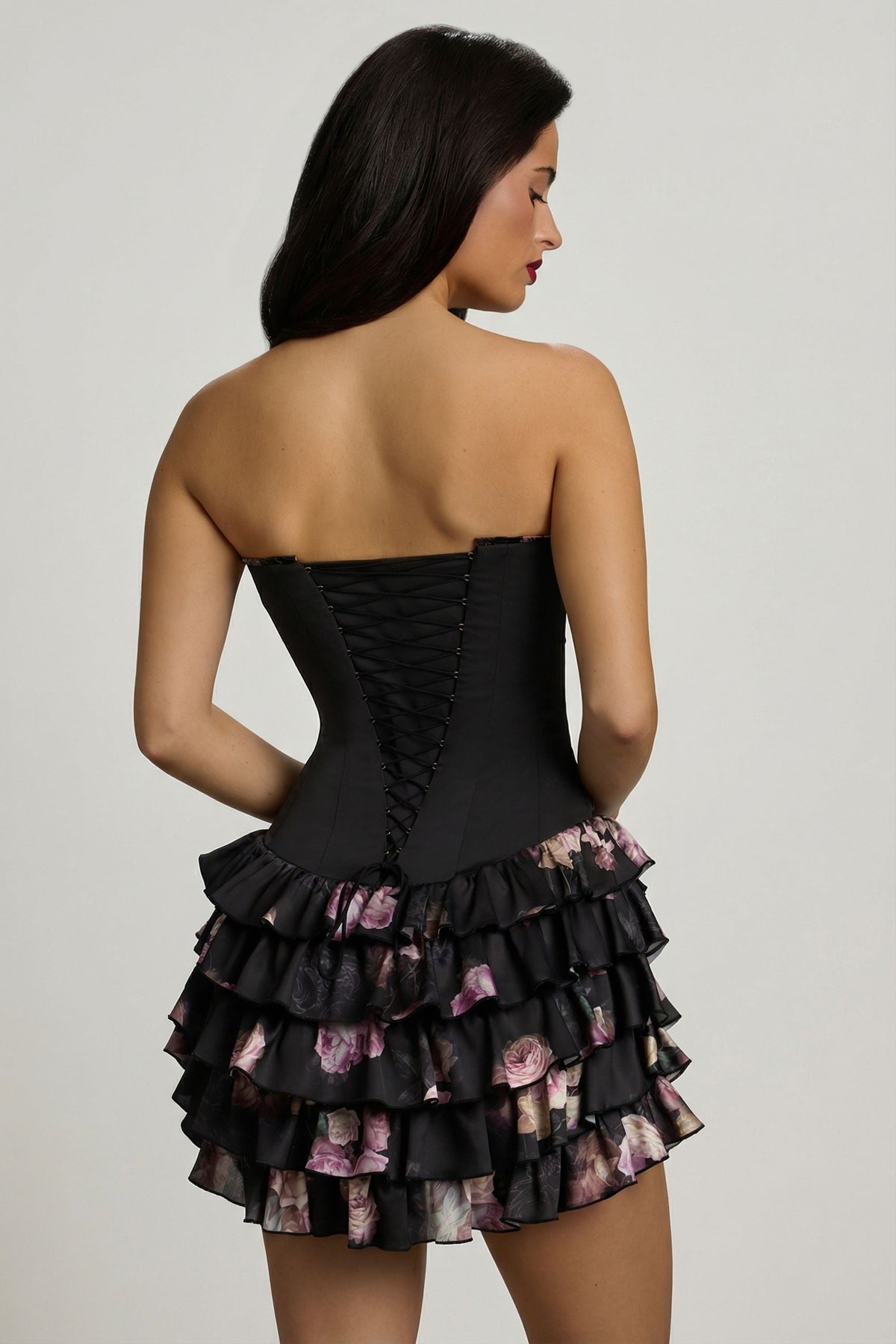 Chic Strapless Ruffled Tiered Corset Mini Dress in Black Floral Print