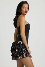 Chic Strapless Ruffled Tiered Corset Mini Dress in Black Floral Print