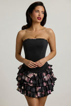Chic Strapless Ruffled Tiered Corset Mini Dress in Black Floral Print