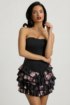Chic Strapless Ruffled Tiered Corset Mini Dress in Black Floral Print