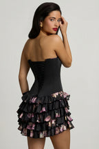 Chic Strapless Ruffled Tiered Corset Mini Dress in Black Floral Print