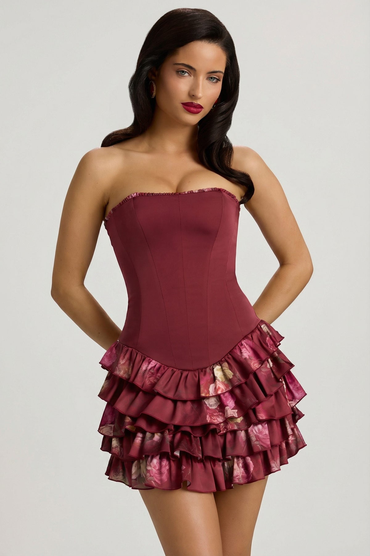 Chic Strapless Ruffled Tiered Corset Mini Dress in Maroon Floral Print