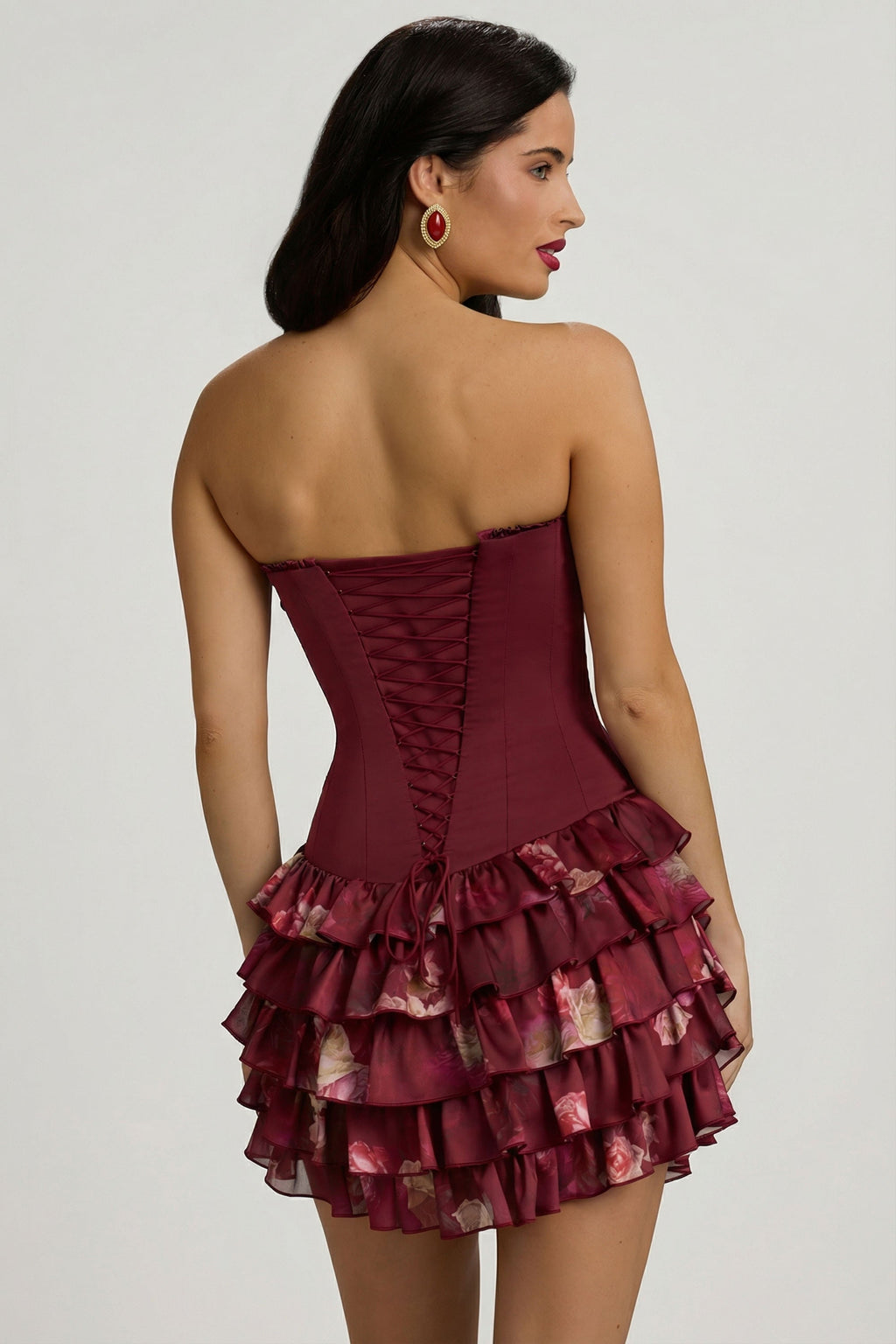 Chic Strapless Ruffled Tiered Corset Mini Dress in Maroon Floral Print