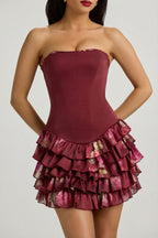 Chic Strapless Ruffled Tiered Corset Mini Dress in Maroon Floral Print