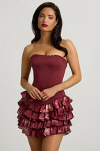 Chic Strapless Ruffled Tiered Corset Mini Dress in Maroon Floral Print