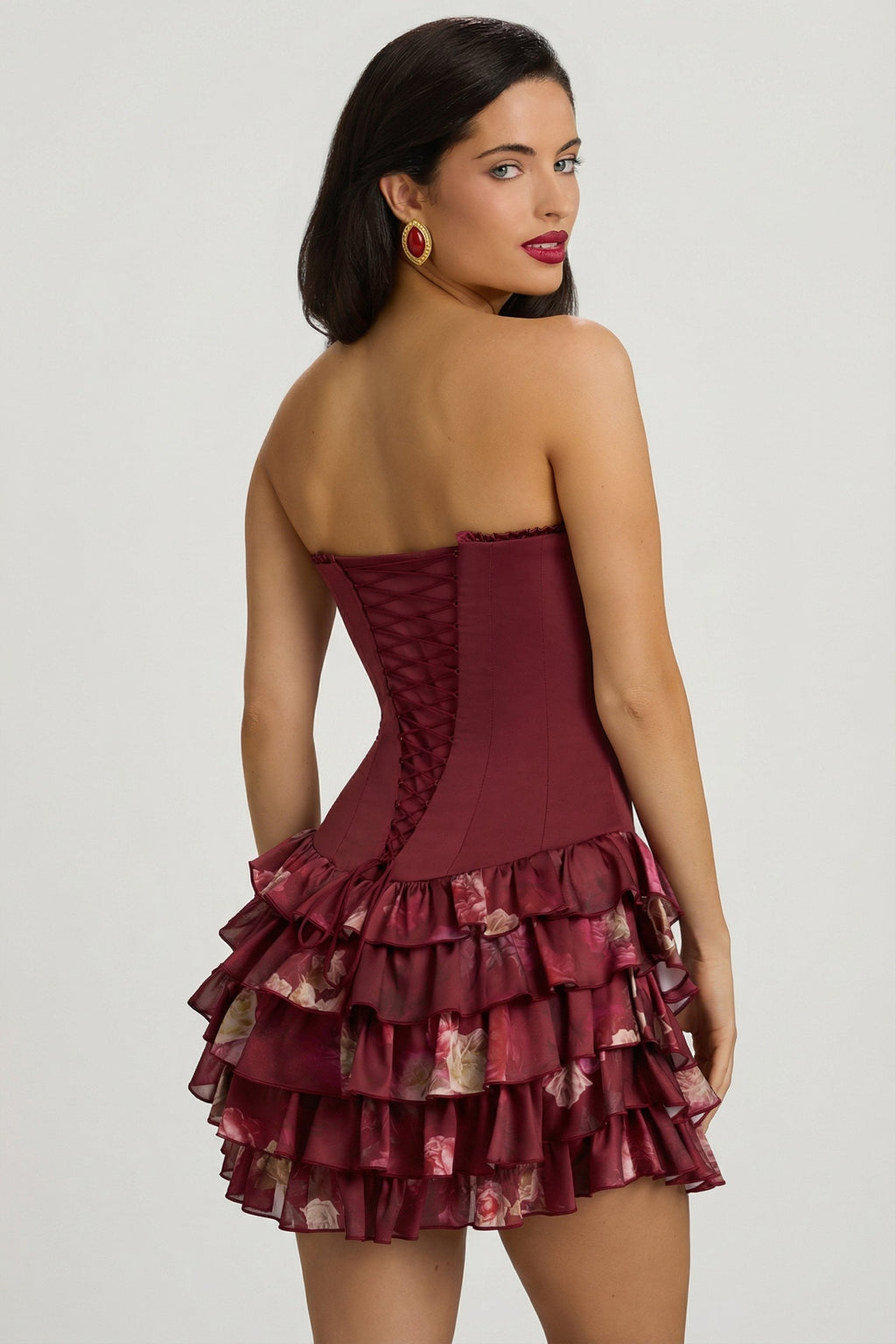 Chic Strapless Ruffled Tiered Corset Mini Dress in Maroon Floral Print