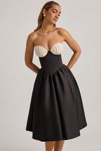 Chic Strapless Corset Midi Dress in Black