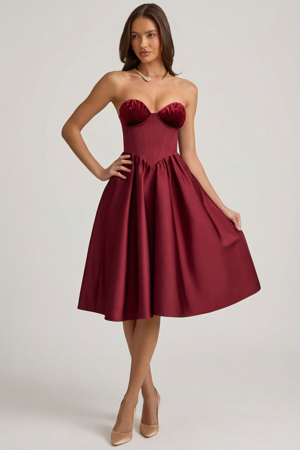 Chic Strapless Corset Midi Dress in Wine Red