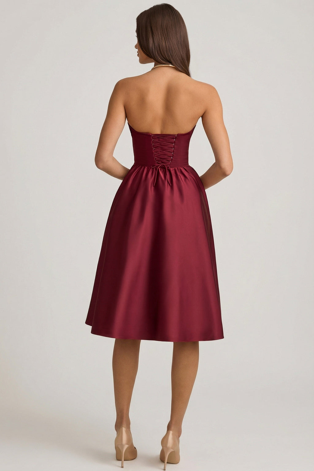 Chic Strapless Corset Midi Dress in Wine Red