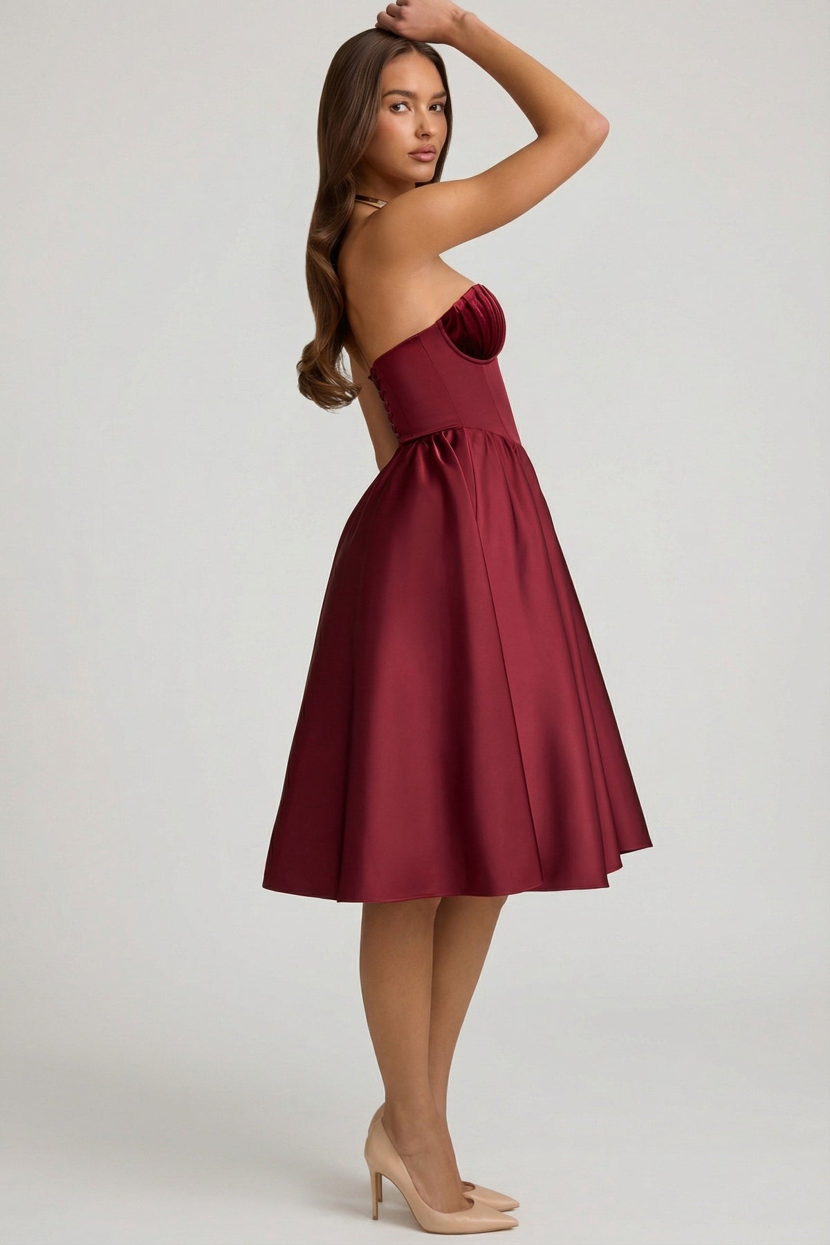 Chic Strapless Corset Midi Dress in Wine Red