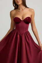 Chic Strapless Corset Midi Dress in Wine Red