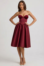 Chic Strapless Corset Midi Dress in Wine Red