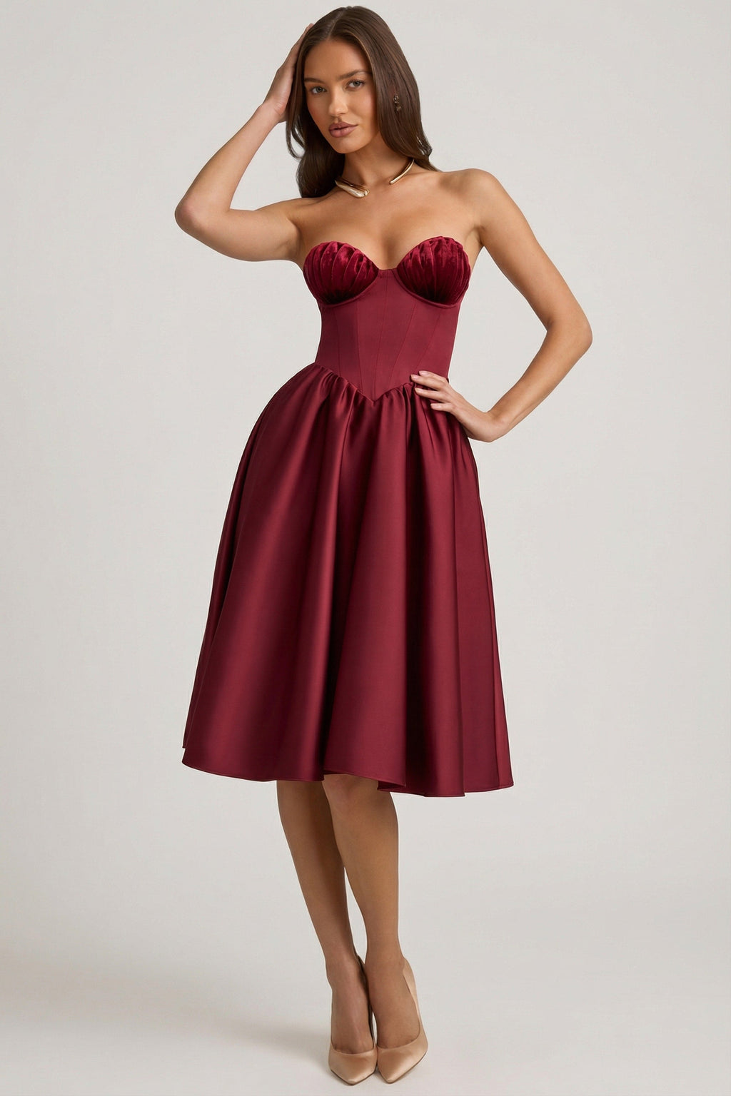 Chic Strapless Corset Midi Dress in Wine Red