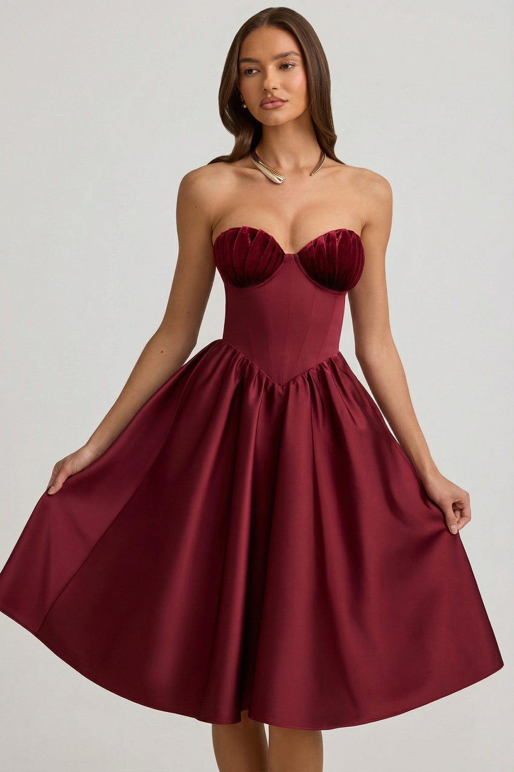 Chic Strapless Corset Midi Dress in Wine Red