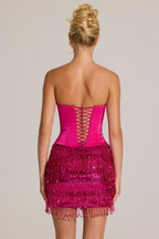 Chic Satin Corset Fringed Mini Dress in Fuchsia Pink