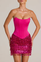 Chic Satin Corset Fringed Mini Dress in Fuchsia Pink