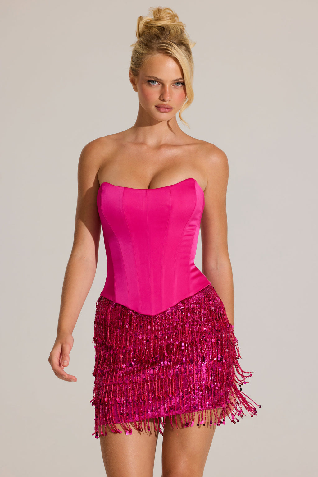 Chic Satin Corset Fringed Mini Dress in Fuchsia Pink