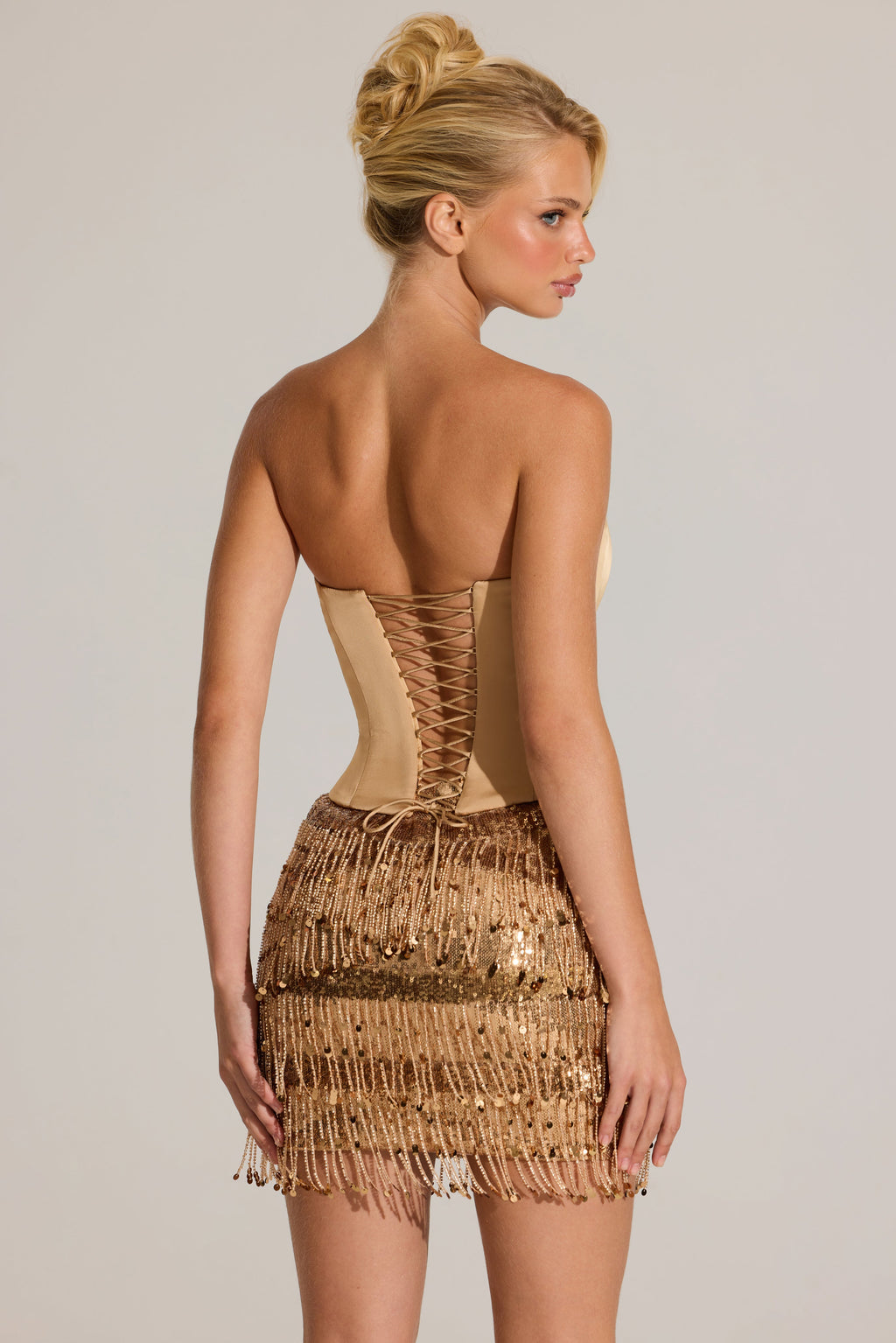 Chic Satin Corset Fringed Mini Dress in Gold