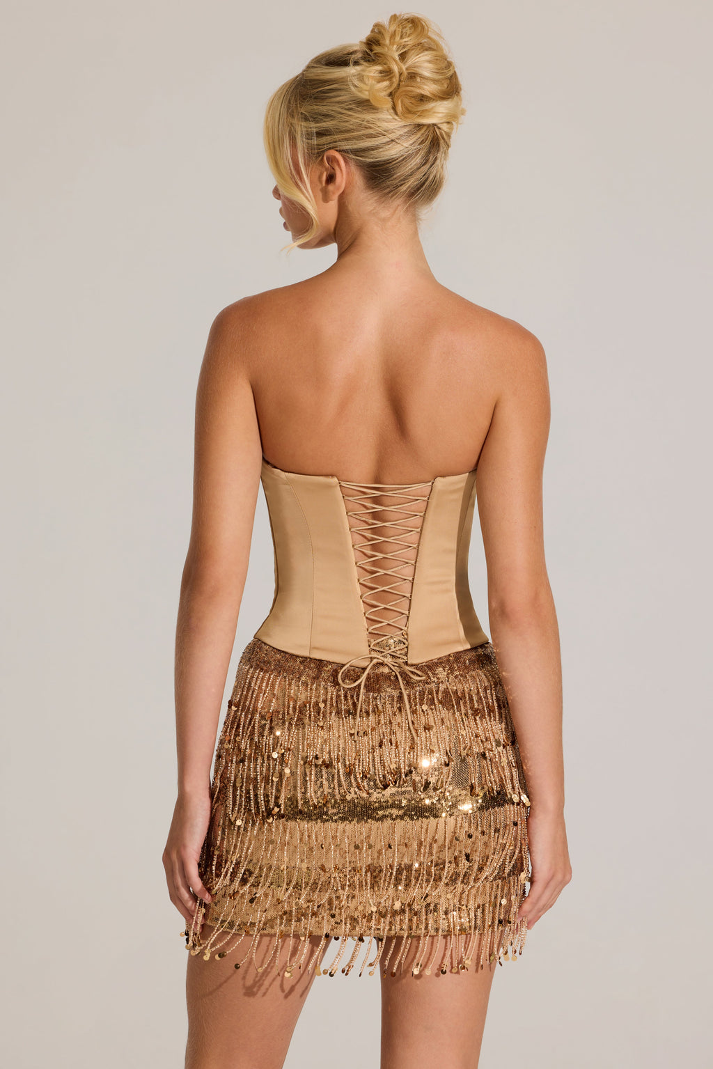 Chic Satin Corset Fringed Mini Dress in Gold